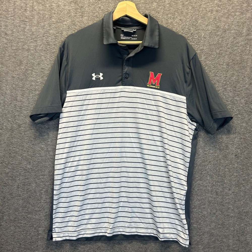 Under Armour Maryland Terrapins Polo Shirt Mens L Grey Striped HeatGear Loose